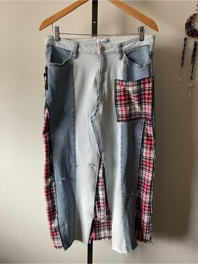Upcycled Deconstructed Dex Denim Skirt Plaid Distressed Grunge Indie Sleeze